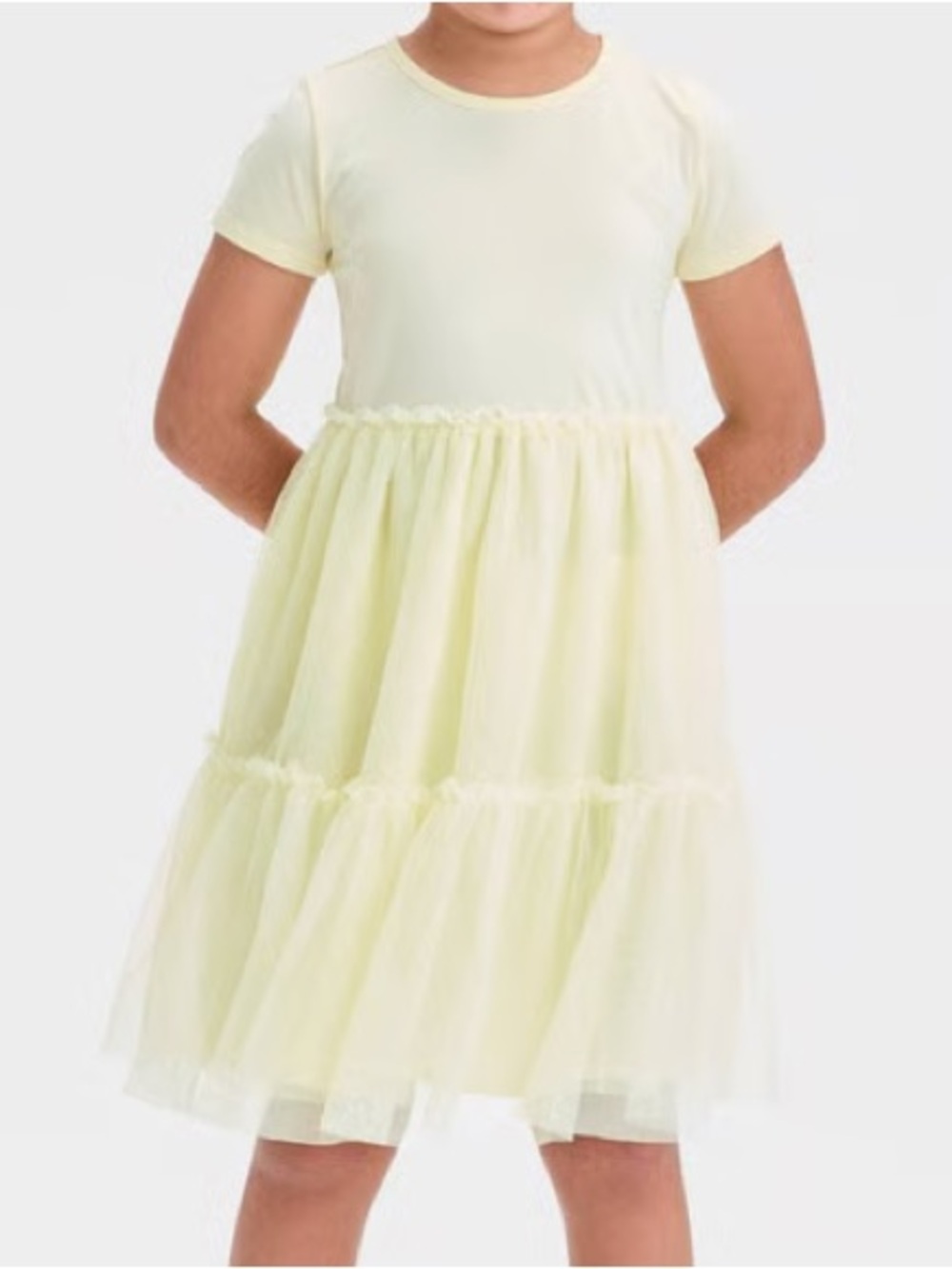 Cat & Jack Girls Short Sleeve Knit Tulle Tiered Dress - Light Yellow M